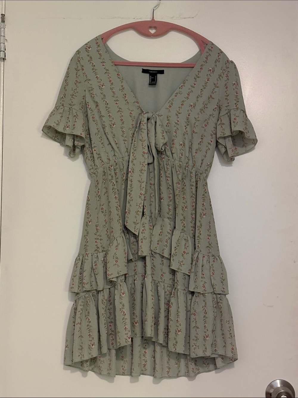 Forever 21 Floral Tie-Front Ruffle Mini Dress - Sage Green / Pink